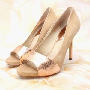 Michael Kors Leighton Peep Toe Pumps Heels Shoes Size 8M Nude/Gold Suede